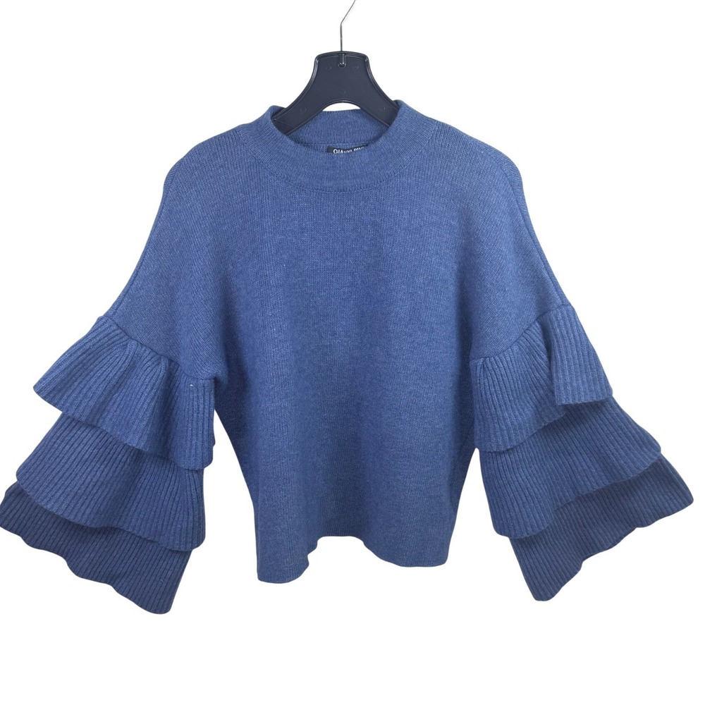 Gianni Bini Blue Tiered Ruffle Bell Sleeve Mock Neck Angora Blend Sweater XL